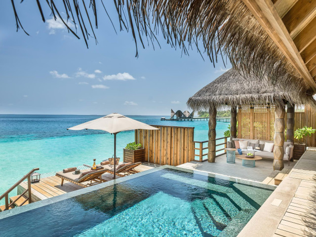 The infinity pool area from the Water Villa with Pool Terrace