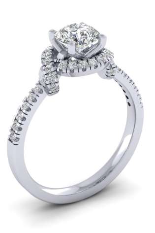 Unusual twist shoulder set lab grown diamond halo engagement ring.
