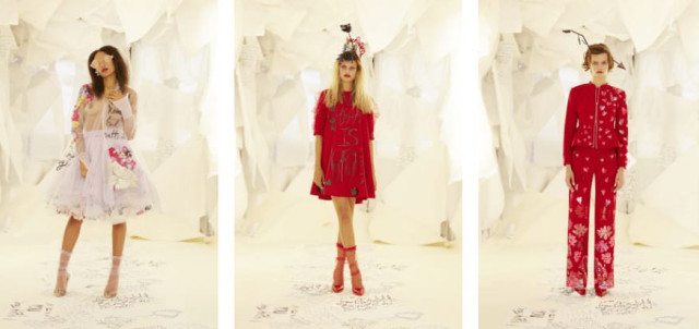 Three models stand in white, abstract geometric settings