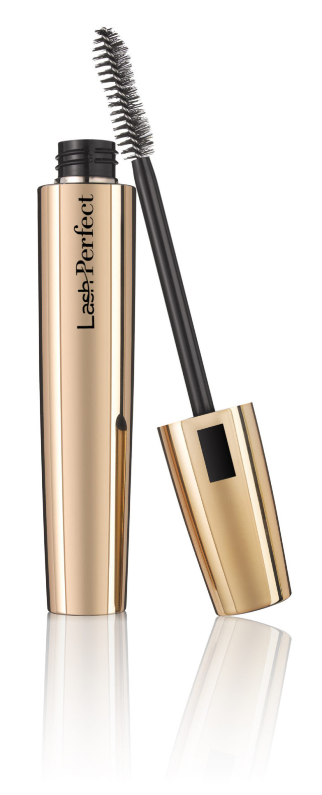 Gold mascara tube labeled 