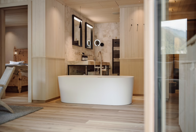 Modern bathroom with freestanding tub.