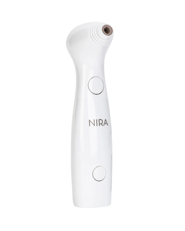 A sleek white handheld device features a circular button and a small nozzle. The text