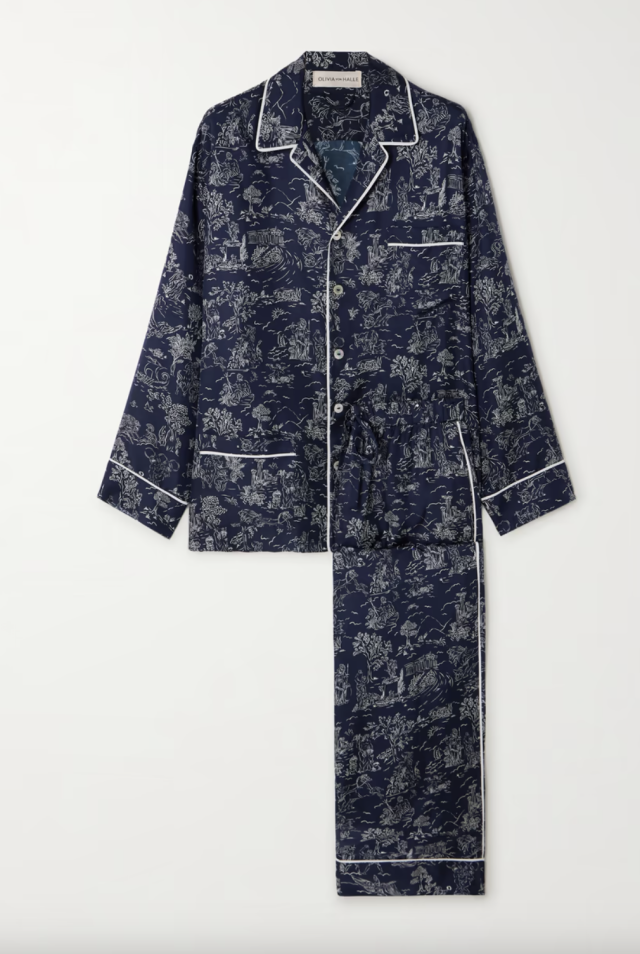 Navy silk pajama set with toile print.