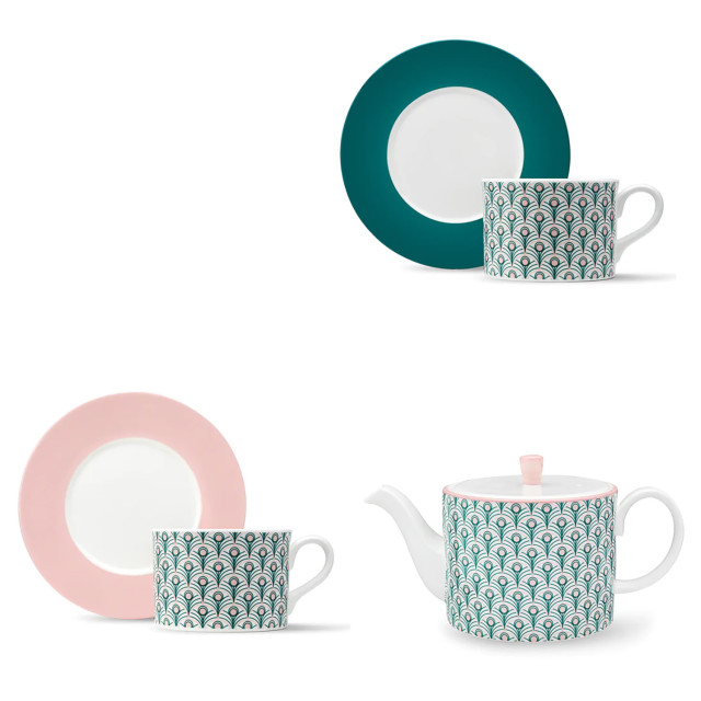 Teal teacup and saucer set.
