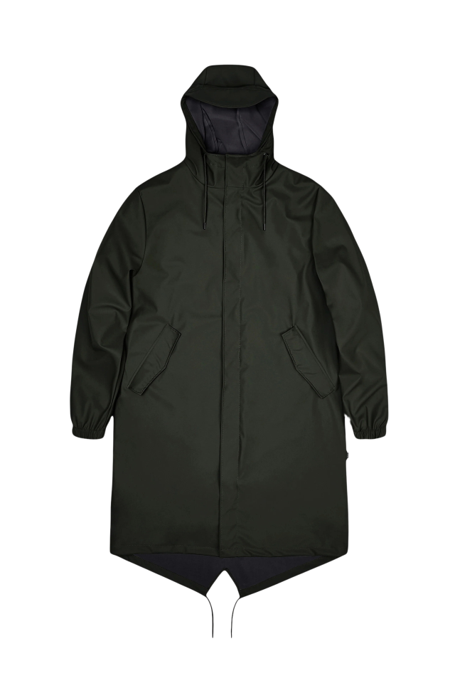 Dark green hooded raincoat with pockets.