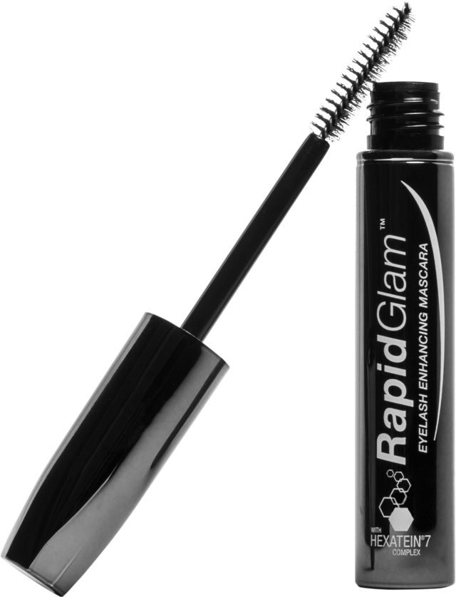 A black mascara wand is angled beside an open cylindrical tube labeled 