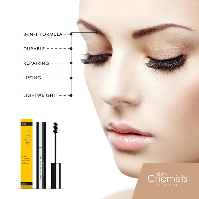 A woman's closed eyes display long, voluminous eyelashes, highlighted by text: 