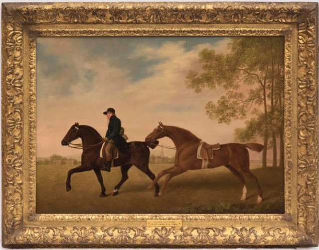 Stubbs: 'Two Hacks, the property of Henry Ulrick Reay Esq of Burn Hall Co. Durham and their blue-liveried groom in a landscape'