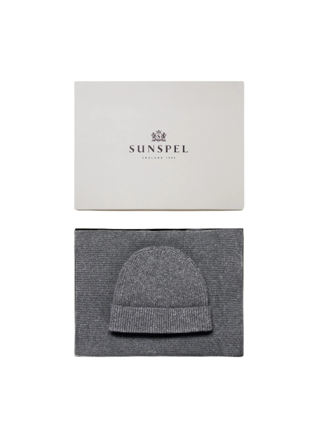 Gray beanie and scarf in box.