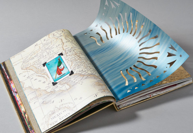 Open book with Mexico map and Lotería card