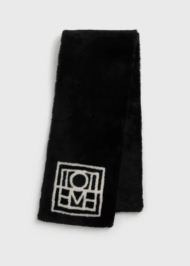 Black faux fur scarf, LOVE logo.