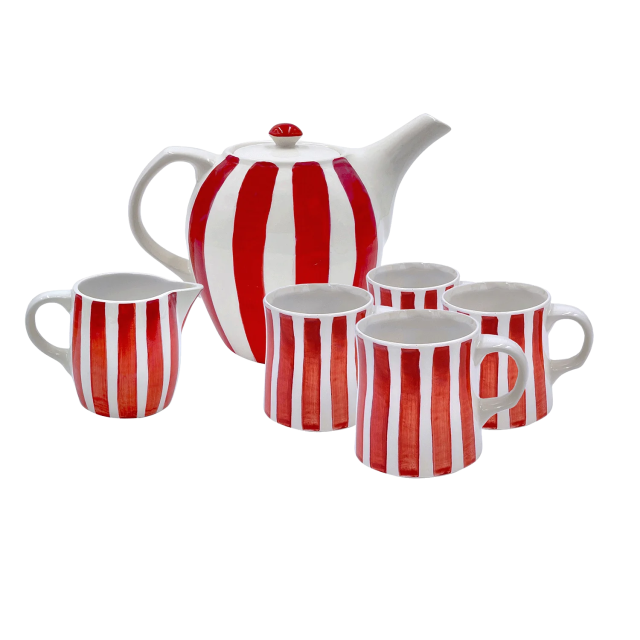 Red striped teapot and cups