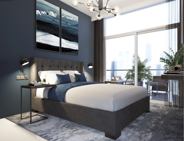 Modern bedroom with city view.